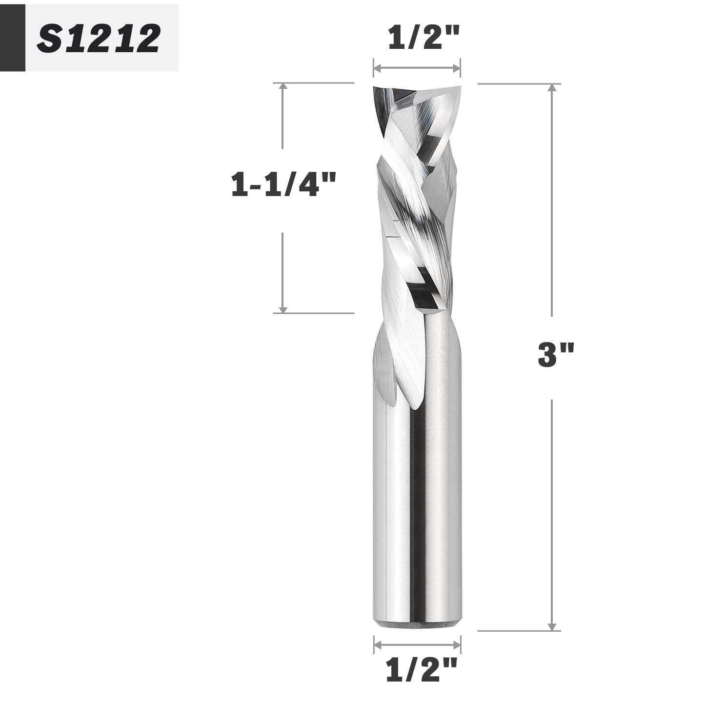 1/2" Shank Compression Solid Carbide Spiral Router Bit - 2 Flutes - 1/2" Cutting Dia - 1-1/4" Cutting Length - 3" Overall Length - 1/2" Upcut Length - S1212 PRO