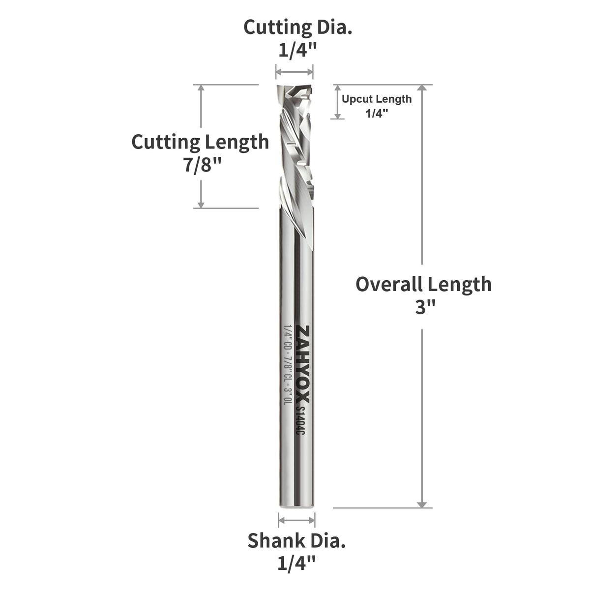 S1404C Chip Breaker Compression Spiral Router Bit - 2 Flutes - 1/4" SD - 1/4" CD - 7/8" CL - 3" OL - Zahyox