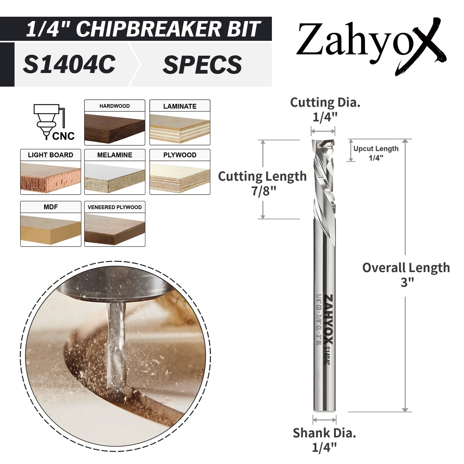 S1404C Chip Breaker Compression Spiral Router Bit - 2 Flutes - 1/4