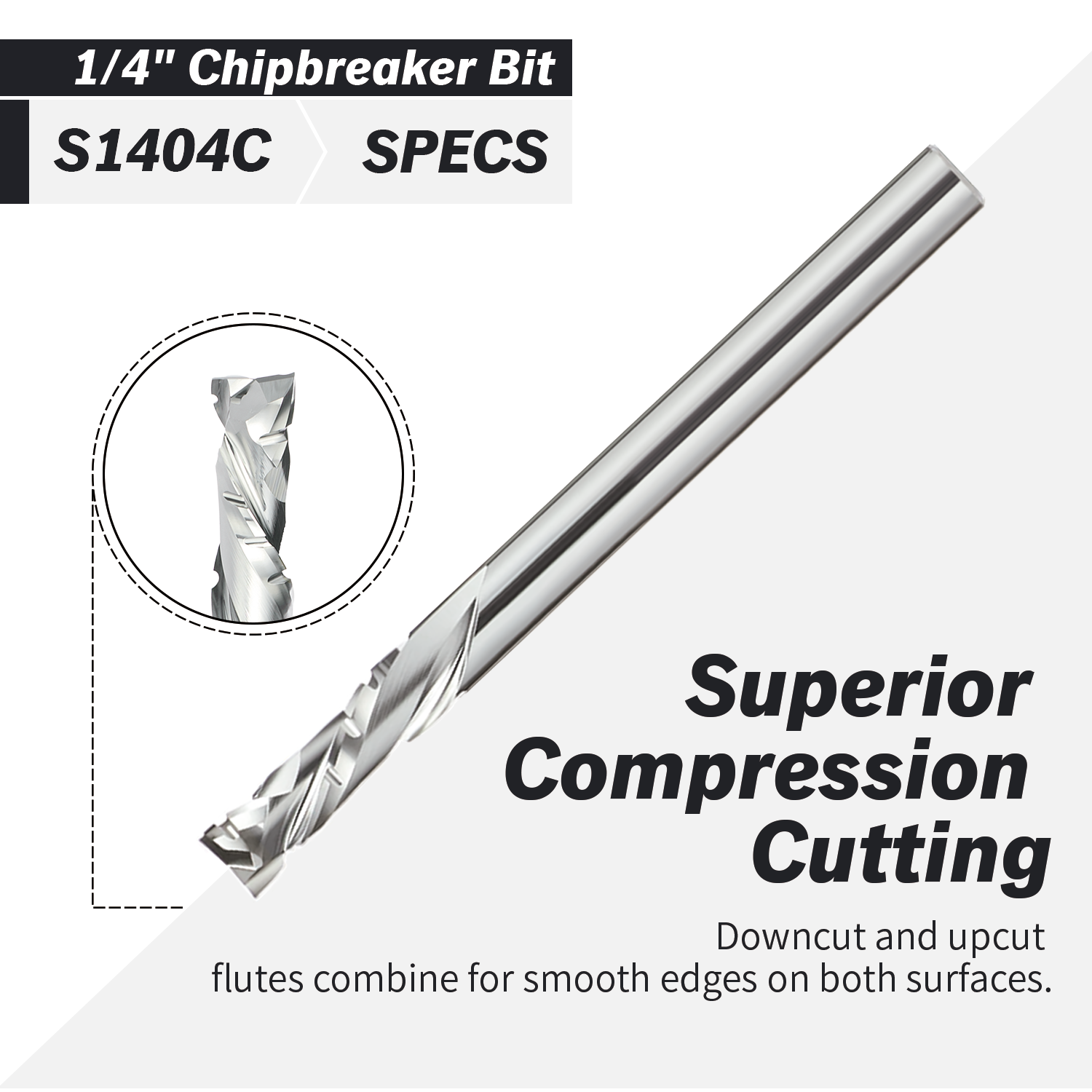 S1404C Chipbreaker Compression Spiral Router Bit - 2 Flutes - 1/4" SD - 1/4" CD - 7/8" CL - 3" OL