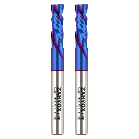 2Pack - S1405 1/4 Inch Shank Up Down Compression Spiral Router Bit, Nano Coated Solid Carbide Straight CNC End Mill for Wood, 1/4 Dia x 7/8 CL x 2-1/2 OVL, 2 Pack - Zahyox
