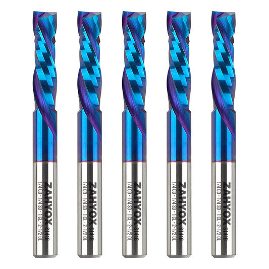 5Pack - S1418 Solid Carbide nACo Coated Compression Spiral Router Bit - 2 Flutes - 1/4 SD - 1/4 CD - 1 CL - 2-1/2 OL - Zahyox