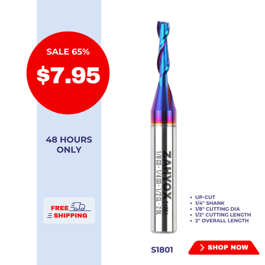 S1801 - Solid Carbide nACo Coated Upcut Spiral Router Bit - 2 Flutes -  1/4 SD - 1/8 CD - 1/2 CL - 2 OL