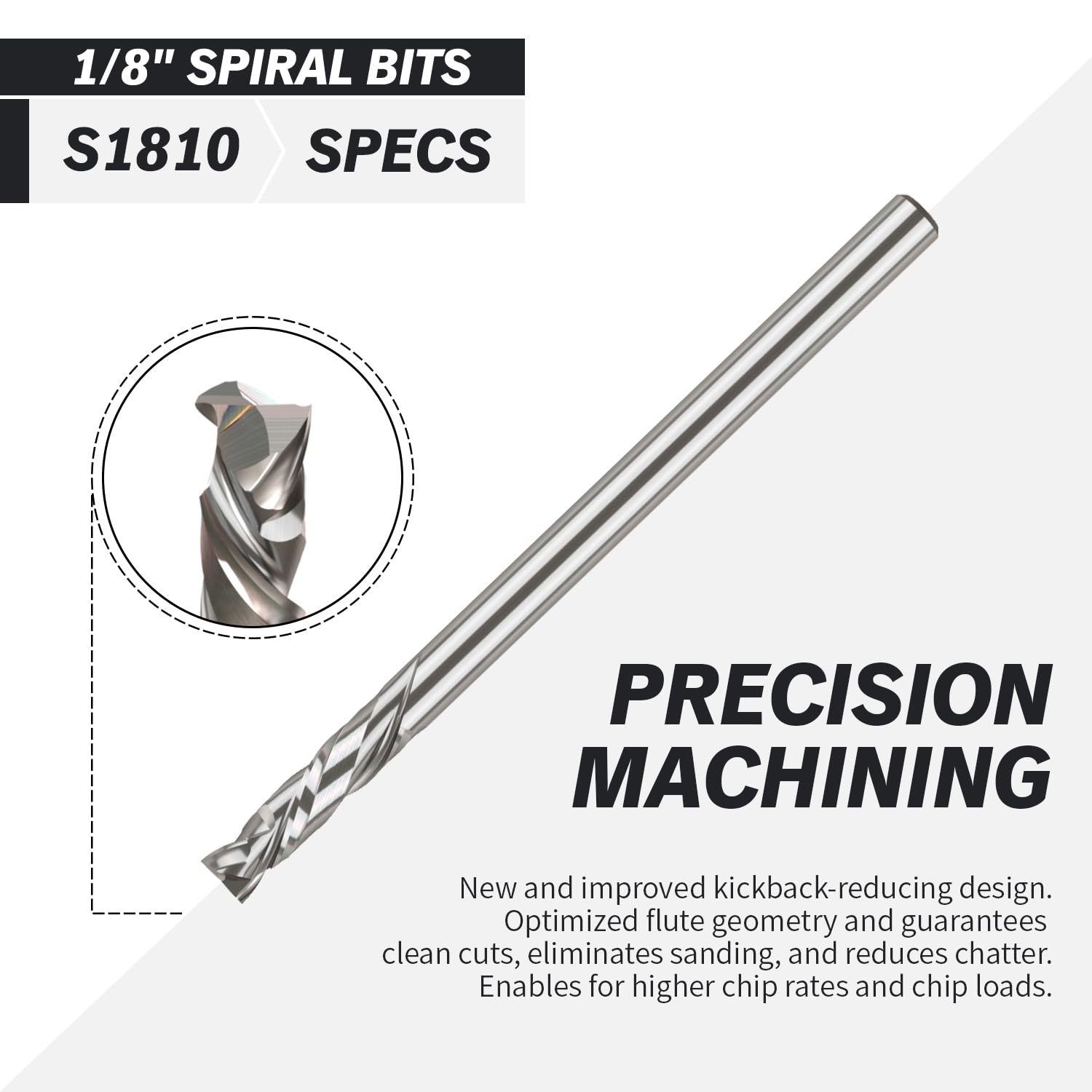S1810 PRO Compression Spiral Router Bit - 2Flutes - 1/8 SD - 1/8 CD - 1/2 CL - 2 OL - 1/8 UCL - Zahyox