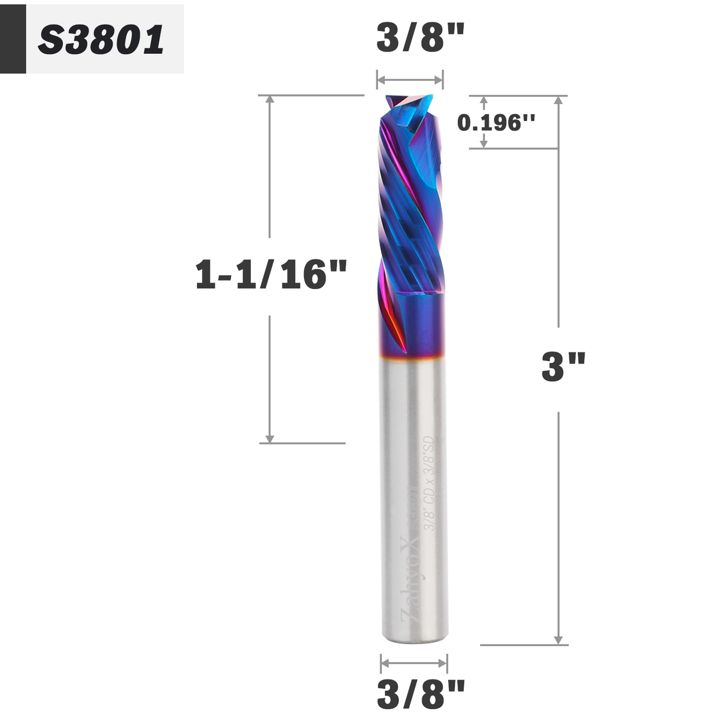 3/8" Shank Compression nACo Coated CNC Spiral Router Bit - 2 Flutes - 3/8" Cutting Dia - 1-1/16" LOC - 3OAL - S3801