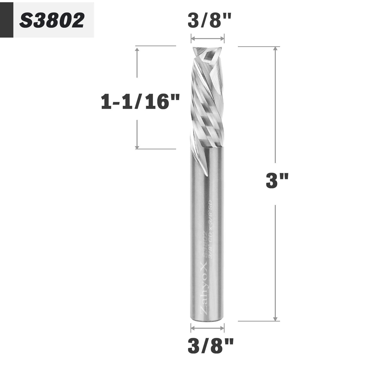 3/8" Shank Solid Carbide Compression CNC Spiral Router Bit - 2 Flutes - 3/8" Cutting Dia - 1-1/16" LOC - 3" OAL - S3802 - Zahyox