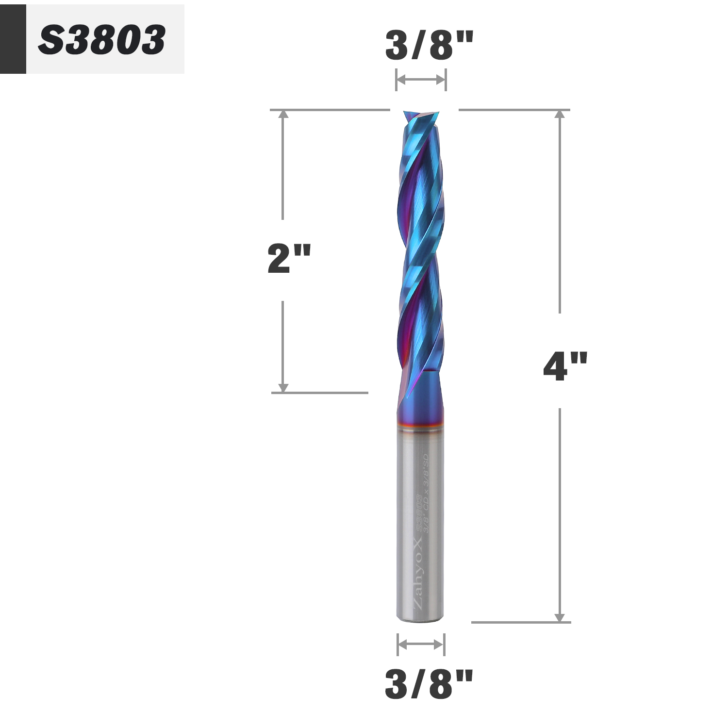 3/8" Shank Solid Carbide Upcut nACo Coated CNC Spiral Bit- 2 Flutes - 3/8" Cutting Dia - 2" LOC - 4" OAL - S3803 - Zahyox