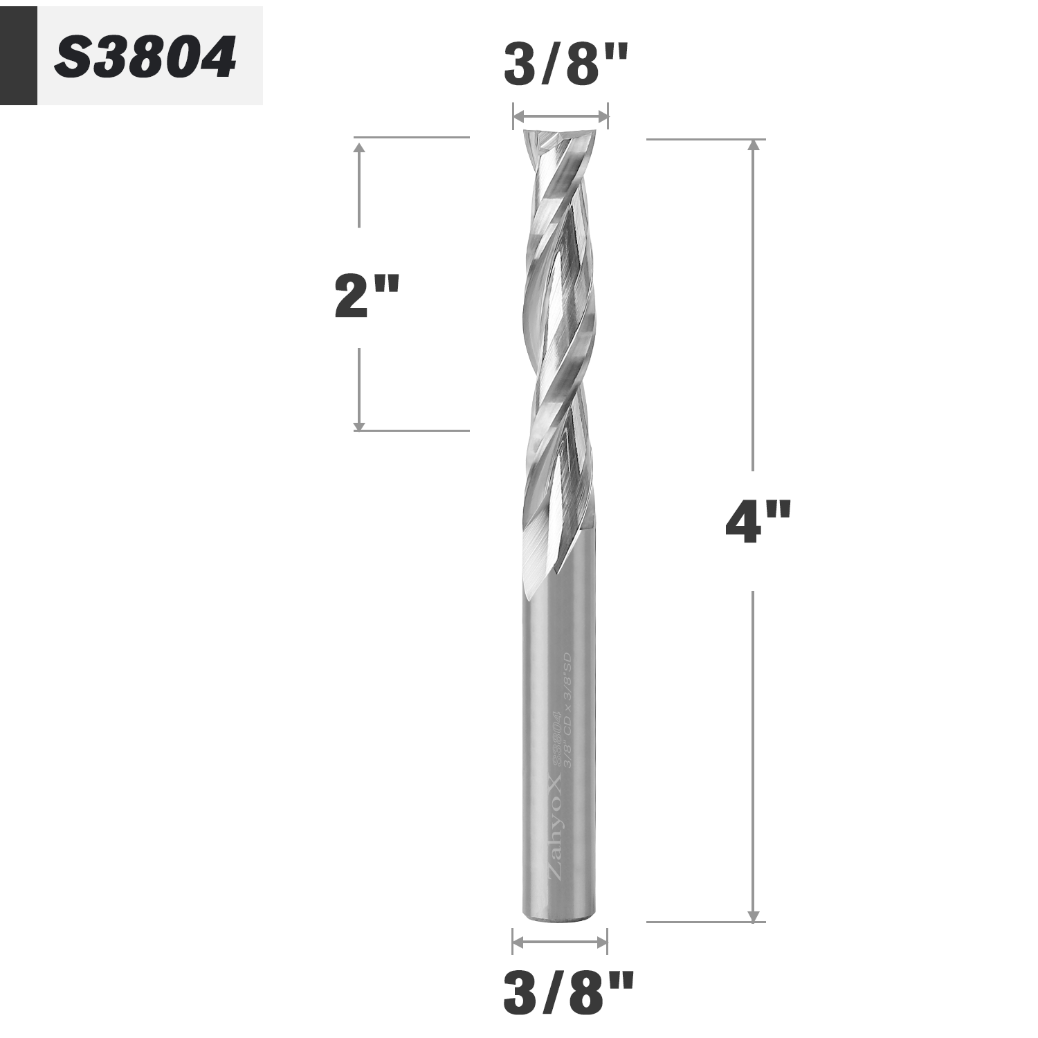 3/8" Shank Solid Carbide Upcut CNC Spiral Router Bit - 2 Flutes - 3/8" Cutting Dia - 2" LOC - 4" OAL - S3804 - Zahyox