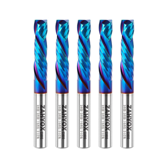 S3805 (5pack) 3/8" Shank Solid Carbide Compression nACo Coated CNC Spiral Router Bit - 2 Flutes - 3/8" Cutting Dia - 1-5/8" LOC - 3-1/2" OAL