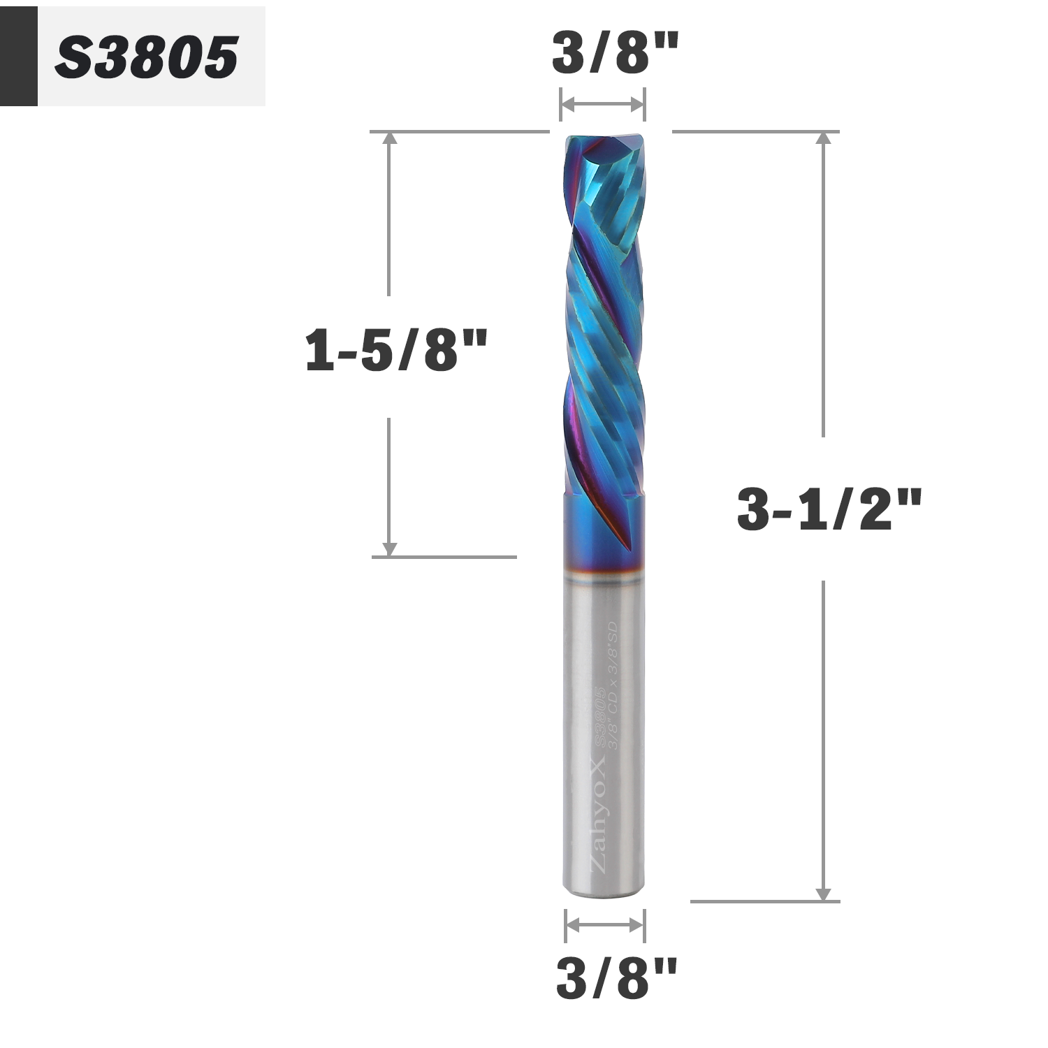 3/8" Shank Solid Carbide Compression nACo Coated CNC Spiral Router Bit - 2 Flutes - 3/8" Cutting Dia - 1-5/8" LOC - 3-1/2" OAL - S3805 - Zahyox