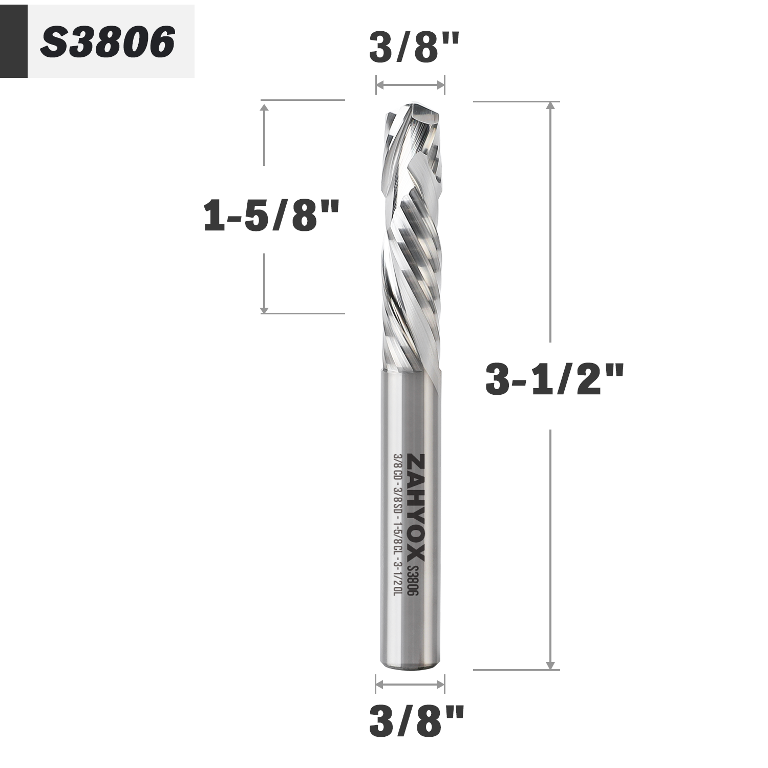 3/8" Shank Solid Carbide Compression CNC Spiral Router Bit - 2 Flutes - 3/8" Cutting Dia - 1-5/8" LOC - 3-1/2" OAL - S3806 - Zahyox