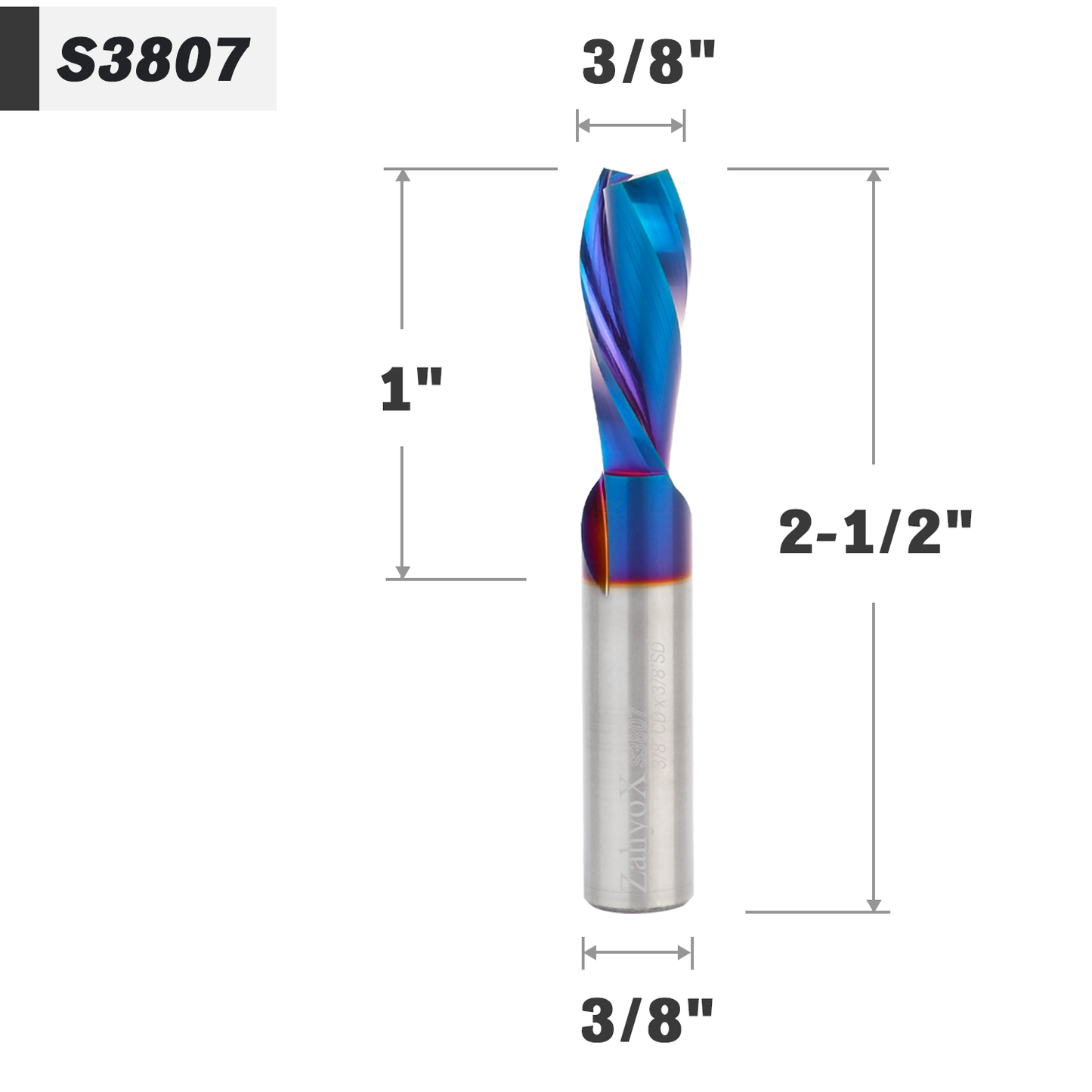 3/8" Shank Downcut nACo Coated CNC Spiral Router Bit - 2 Flutes - 3/8" Cutting Dia - 1" LOC - 2-1/2" OAL - S3807 - Zahyox