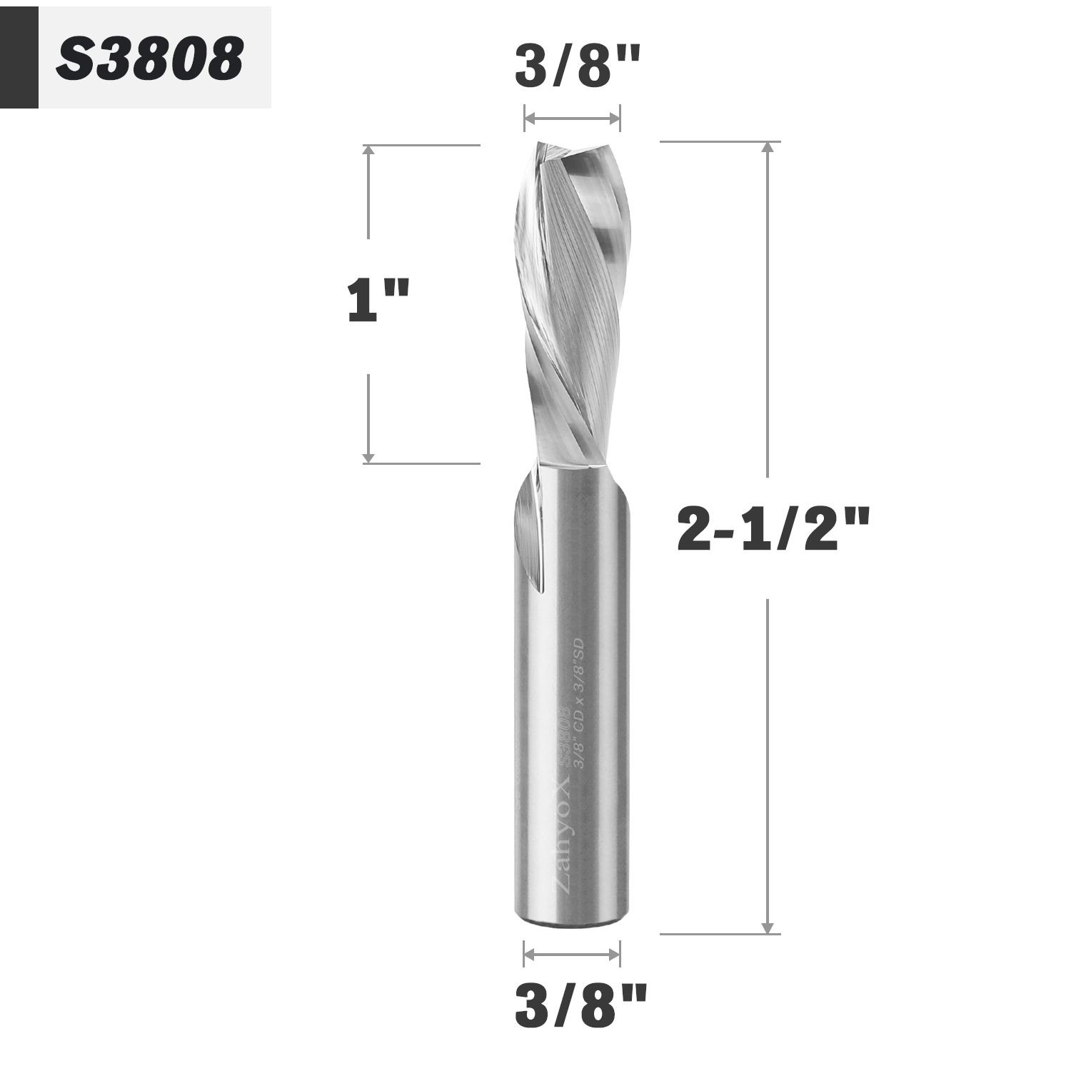3/8" Shank Solid Carbide Downcut CNC Spiral Router Bit - 2 Flutes - 3/8" Cutting Dia - 1" LOC - 2-1/2" OAL - S3808 - Zahyox