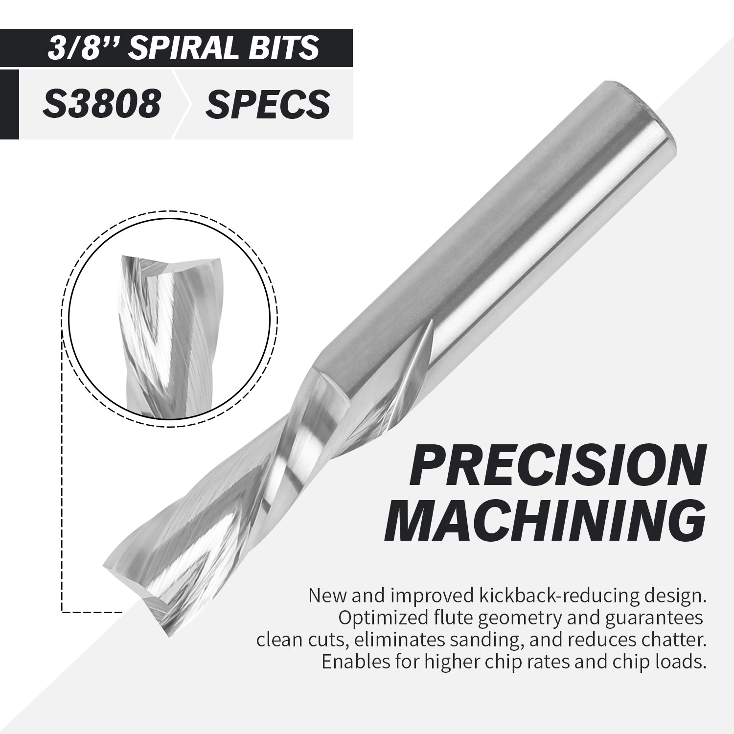 3/8" Shank Solid Carbide Downcut CNC Spiral Router Bit - 2 Flutes - 3/8" Cutting Dia - 1" LOC - 2-1/2" OAL - S3808 - Zahyox