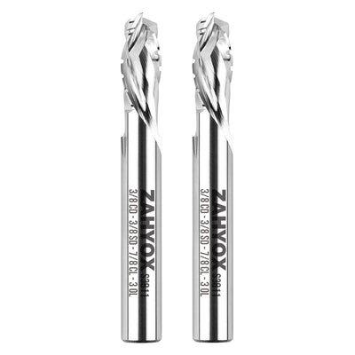 S3811 (2pack) 3/8" Shank Solid Carbide Compression Chip Breaker Spiral Router Bit - 2 Flutes - 3/8" Cutting Dia - 7/8" LOC - 3" OAL - 1/4" UCL - Zahyox