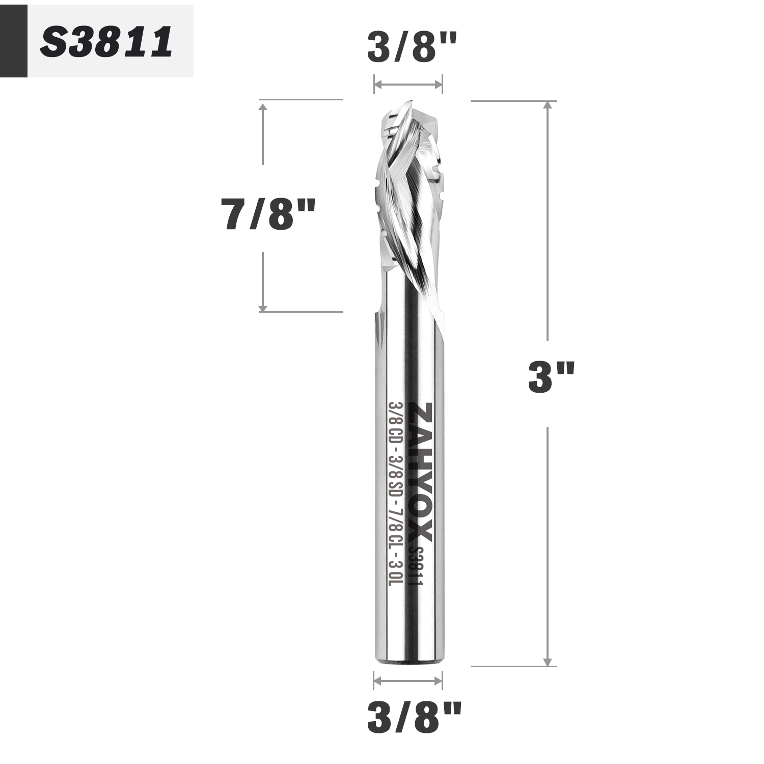 3/8" Shank Solid Carbide Compression Chip Breaker Spiral Router Bit - 2 Flutes - 3/8" Cutting Dia - 7/8" LOC - 3" OAL - 1/4" UCL - S3811 - Zahyox