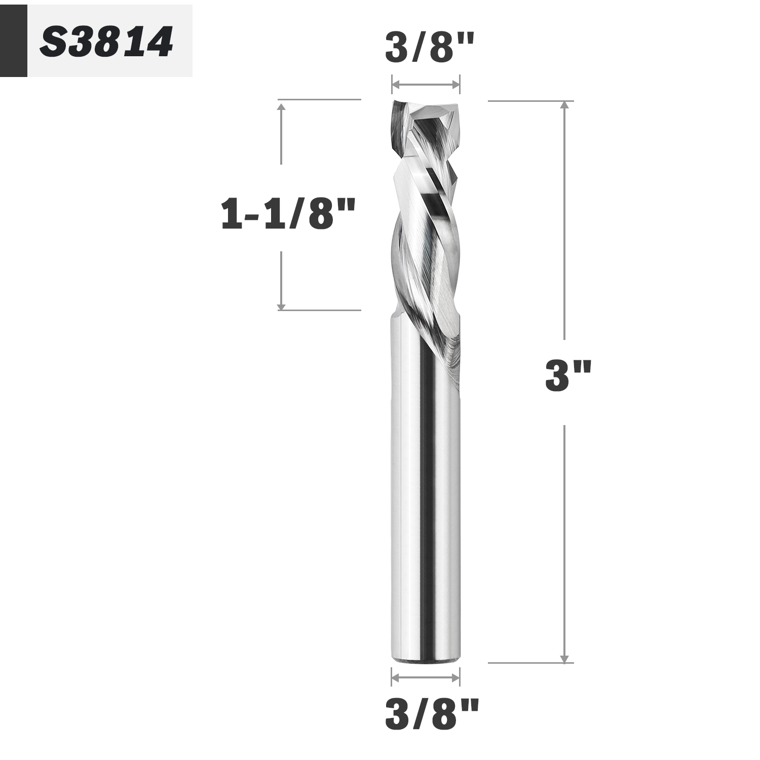 3/8" Shank Solid Carbide Compression Spiral Router Bit - 2 Flutes - 3/8" Cutting Dia - 1-1/8" LOC - 3" OAL - 1/4" UCL - S3814 PRO - Zahyox