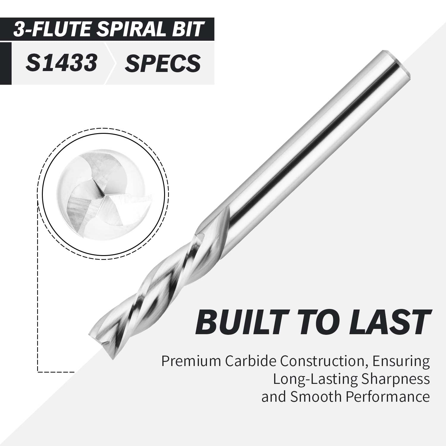 S1433 Solid Carbide Downcut Spiral Route Bit - 3 Flutes - 1/4 SD - 1/4 CD - 7/8 CL - 2-1/2 OL - Zahyox