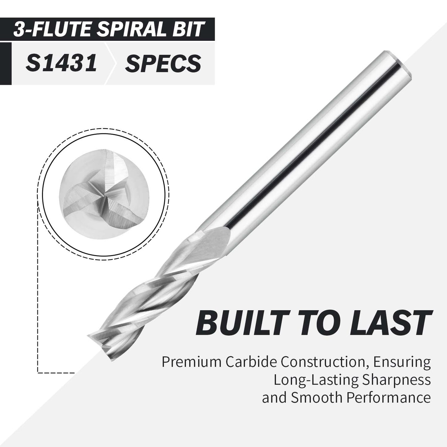 S1431 Solid Carbide Upcut Spiral Route Bit - 3 Flutes - 1/4 SD - 1/4 CD - 7/8 CL - 2-1/2 OL