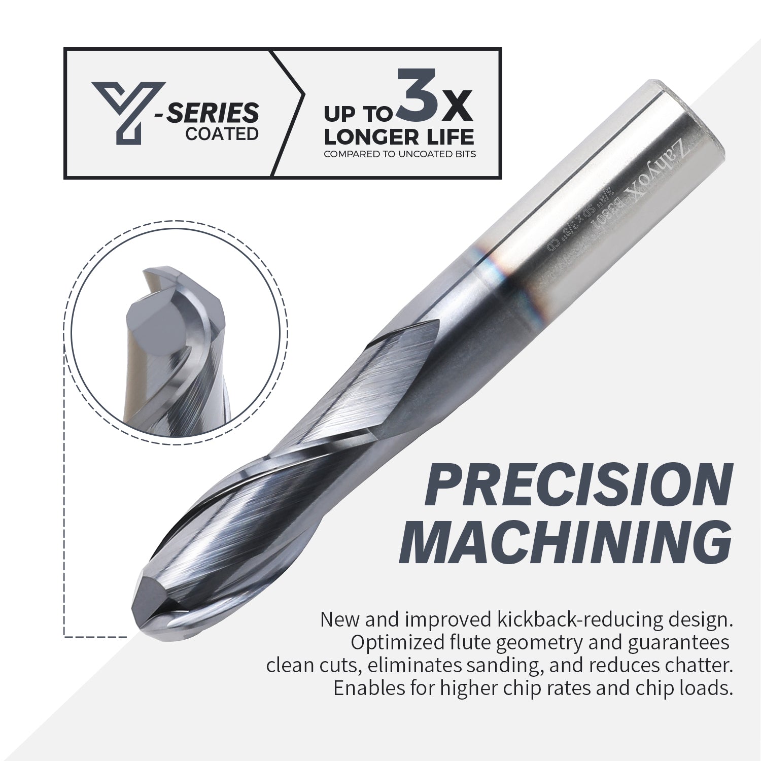 B3801 Upcut Ball End Mill - 2 Flutes - 3/8 Dia - 3/8 Shank - 1 LOC - 2-1/2 OAL - R3/16 - Zahyox