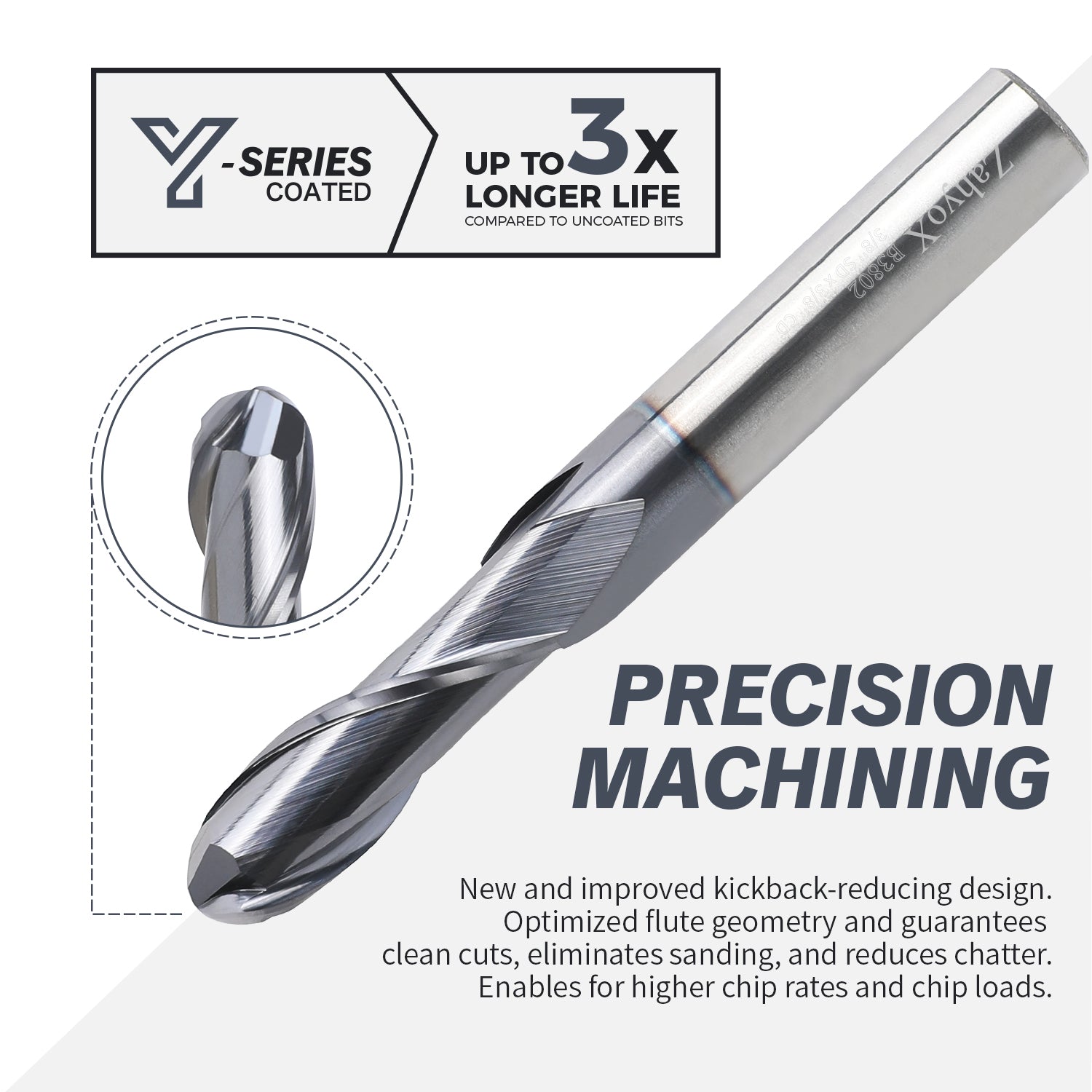 B3802 Upcut Ball End Mill - 2 Flutes - 3/8 Dia - 3/8 Shank - 1-1/8 LOC - 3 OAL - R3/16 - Zahyox