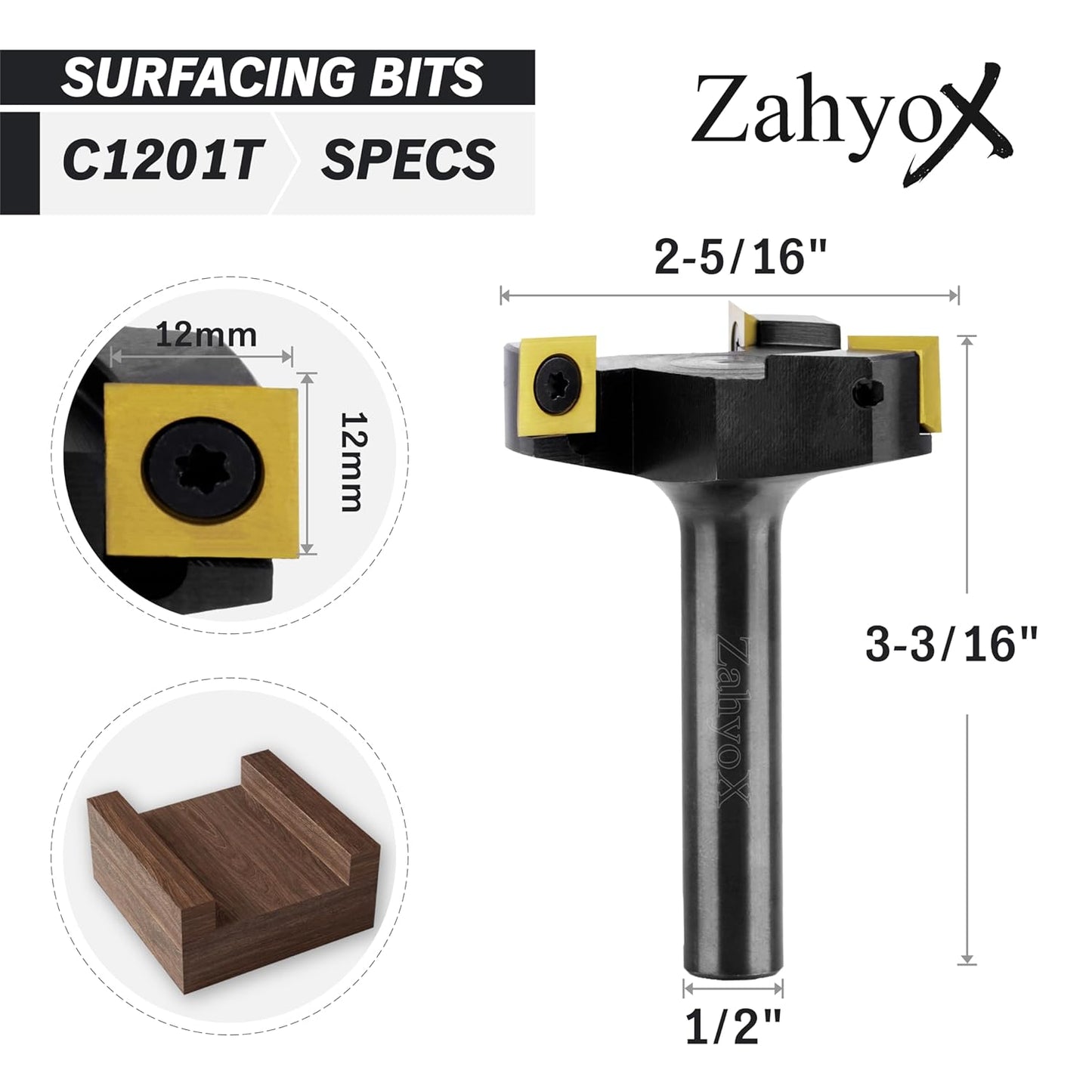 CNC Spoilboard Surfacing Router Bit, 3 Wings, 1/2" Shank, 2-5/16" Cutting Dia, TiN Coated Insert Carbide Slab Flattening Router Bit - C1201T - Zahyox