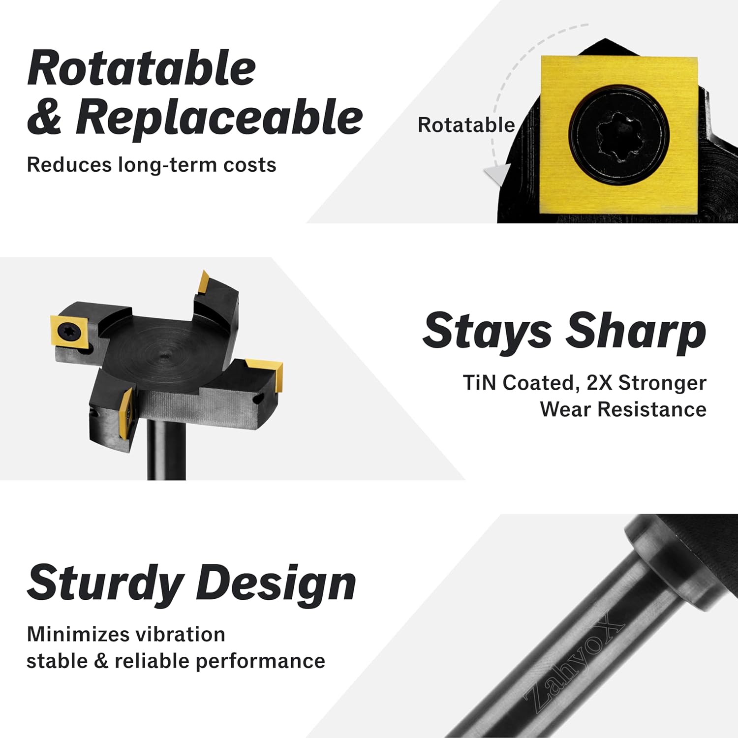 CNC Spoilboard Surfacing Router Bit, 1/2" Shank, 4 Wings, 3" Cutting Dia, TiN Coated Insert Carbide Slab Flattening Router Bit - C1202T - Zahyox