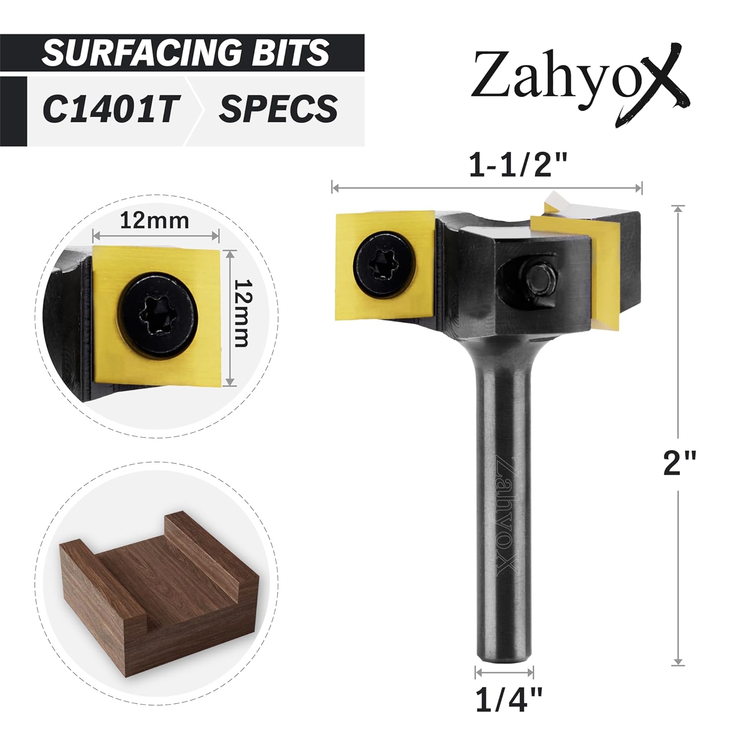 CNC Spoilboard Surfacing Bit, 1/4" Shank, 1-1/2" Cutting Dia, 3 Wings, Coated Insert Carbide Slab Flattening Router Bit - C1401T - Zahyox