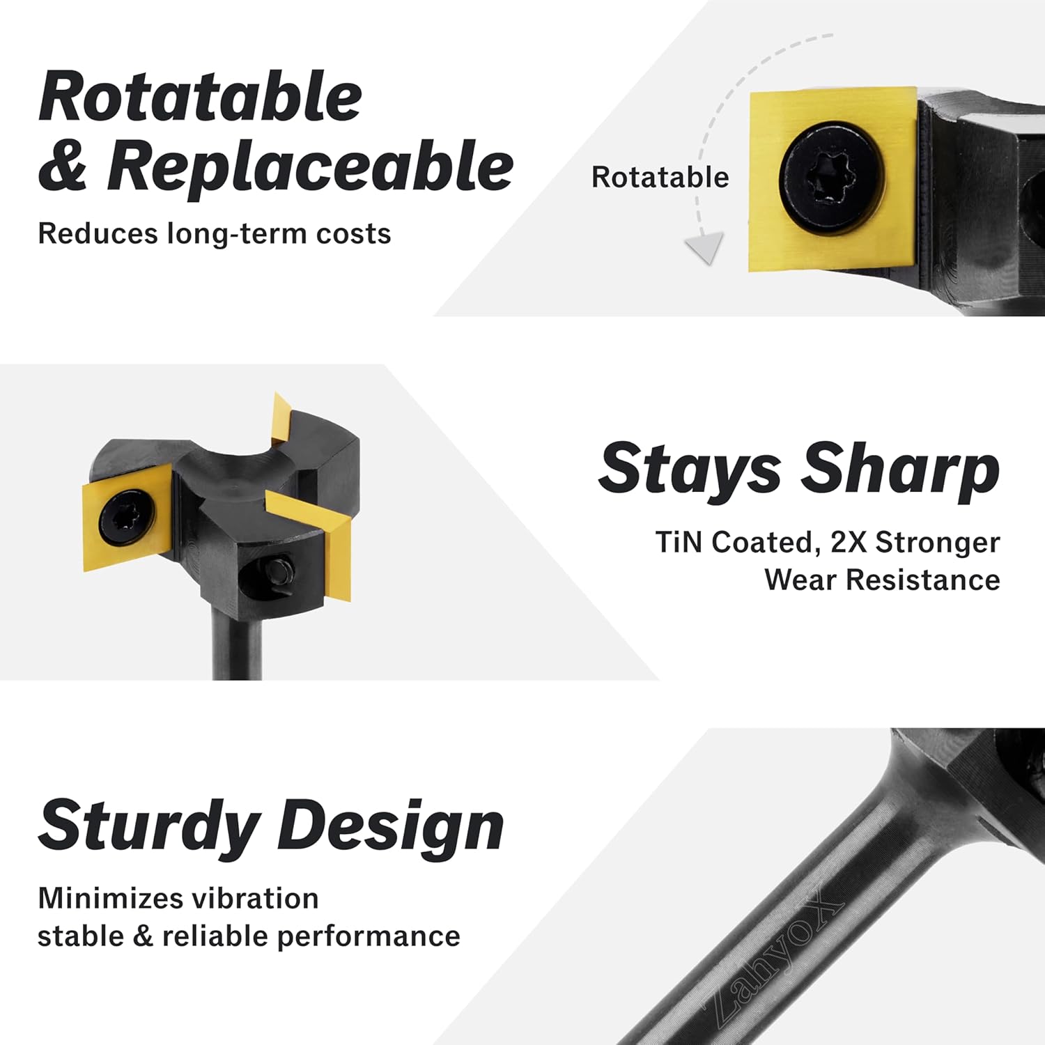 CNC Spoilboard Surfacing Bit, 1/4" Shank, 1-1/2" Cutting Dia, 3 Wings, Coated Insert Carbide Slab Flattening Router Bit - C1401T - Zahyox