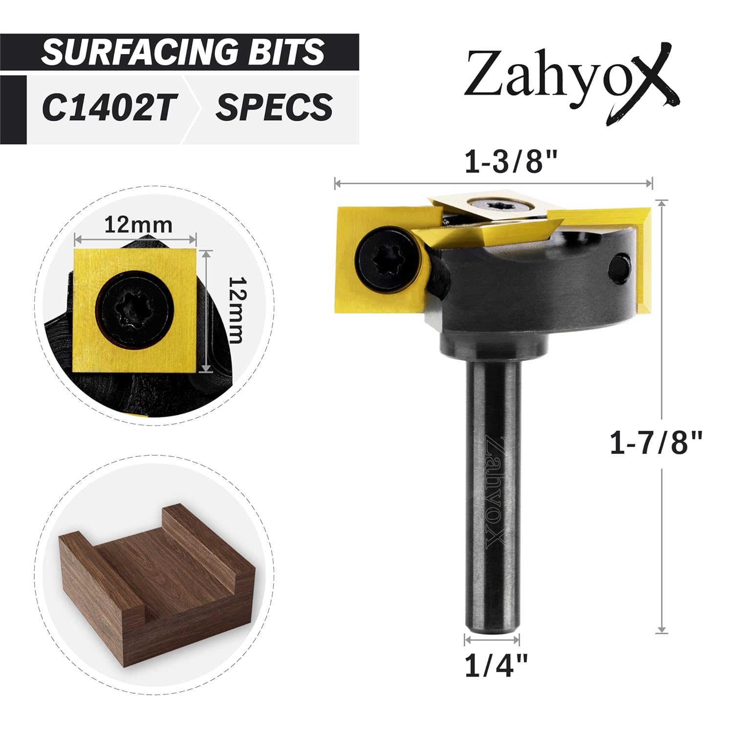 CNC Spoilboard Surfacing Bit, 1/4" Shank, 4 Wings, 1-3/8" Cutting Dia, TiN Coated Insert Carbide Slab Flattening Router Bit - C1402T - Zahyox