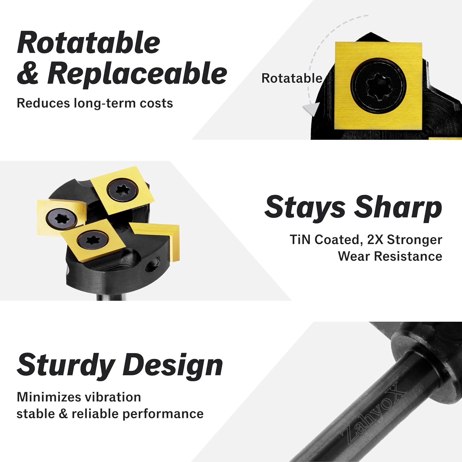 CNC Spoilboard Surfacing Bit, 1/4" Shank, 4 Wings, 1-3/8" Cutting Dia, TiN Coated Insert Carbide Slab Flattening Router Bit - C1402T - Zahyox