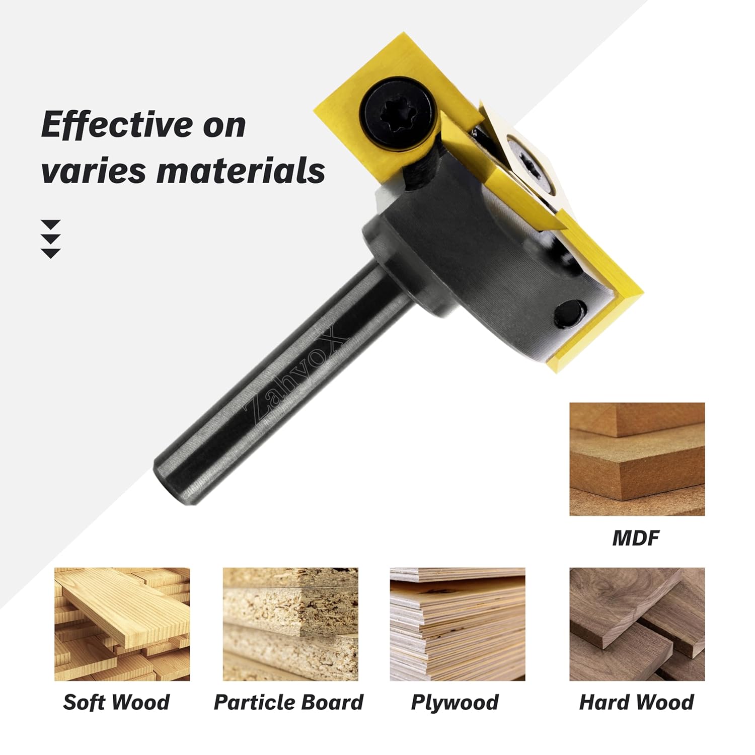 CNC Spoilboard Surfacing Bit, 1/4" Shank, 4 Wings, 1-3/8" Cutting Dia, TiN Coated Insert Carbide Slab Flattening Router Bit - C1402T - Zahyox