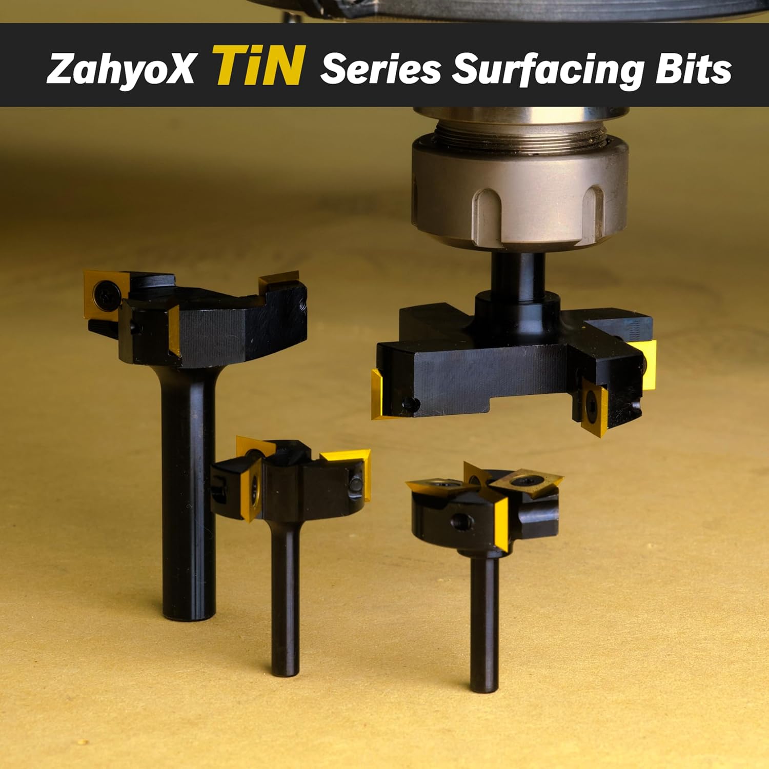 CNC Spoilboard Surfacing Bit, 1/4" Shank, 4 Wings, 1-3/8" Cutting Dia, TiN Coated Insert Carbide Slab Flattening Router Bit - C1402T - Zahyox