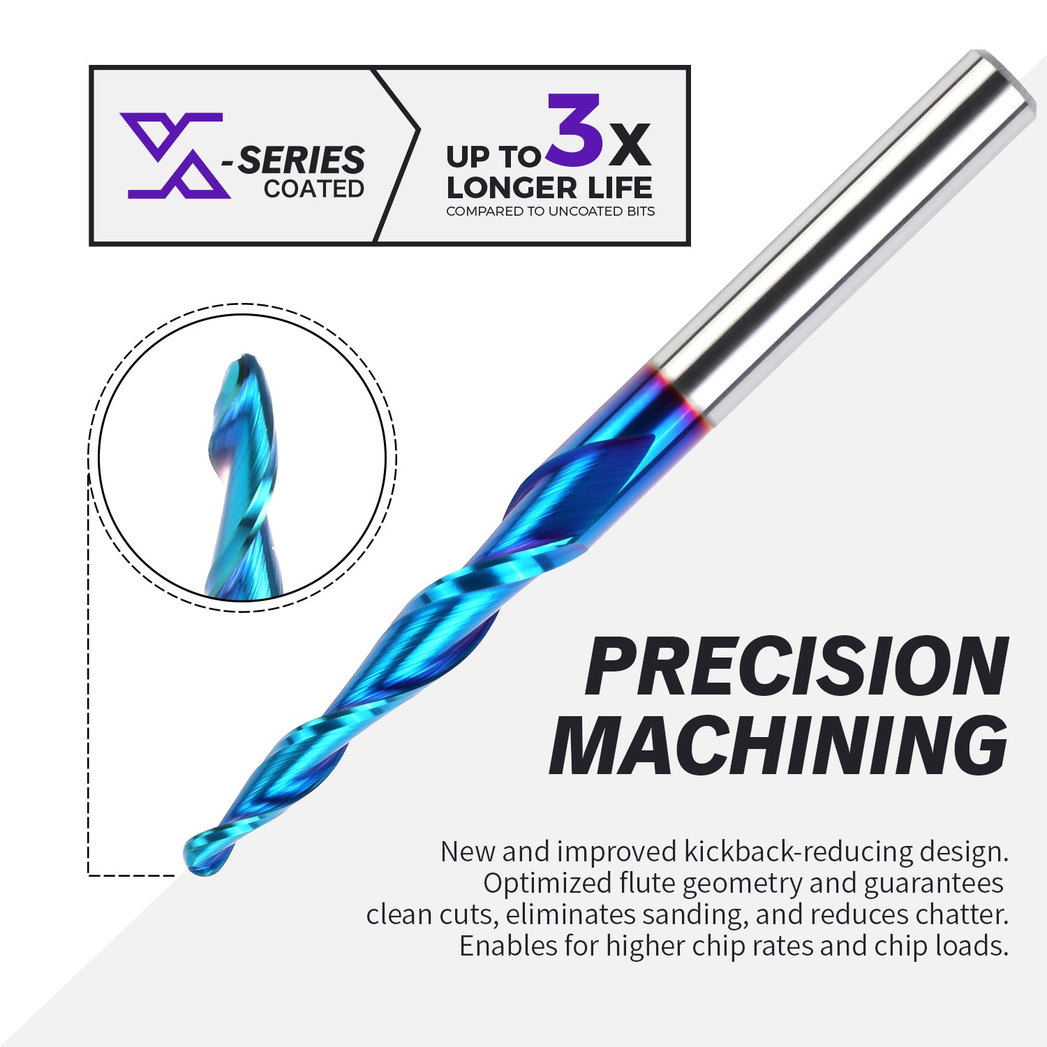 E1403 2D and 3D Carving nACo Coated Upcut Tapered Ball Nose Bit - 3° - 1/16 Radius - 1/4 SD - 1/4~1/16 CD - 3 OL - 1 CL - Zahyox