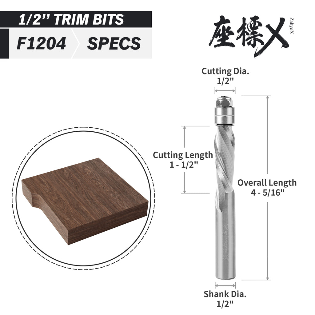 F1204 Downcut Spiral Flush Trim Bit with Bottom Bearing -1/2 Shank - 1/2 CD - 1-1/2 CL - 4-5/16 OL