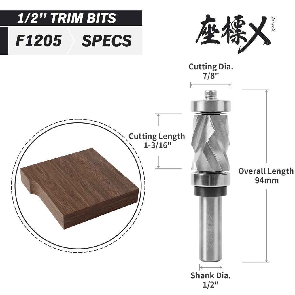 F1205 Compression Combination Pattern Flush Trim Router Bit with Top & Bottom Bearing - 1/2 SD - 7/8 CD - 1-3/16 CL - 3-11/16 OL - 2 Bearings