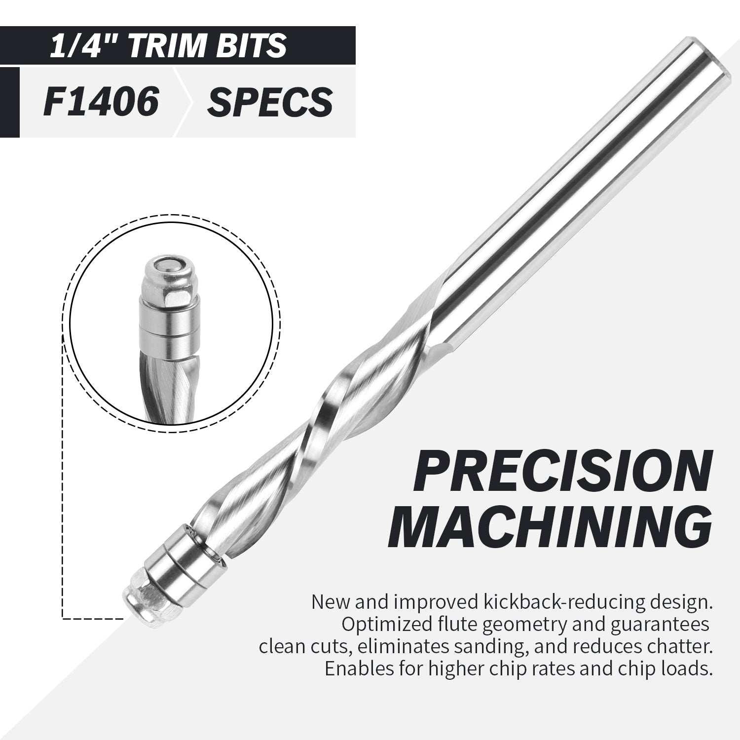 F1406 Downcut Spiral Flush Trim Router Bit with Bottom Bearing - 1/4 SD - 1/4 CD - 1-1/8 CL - 3 OL - Zahyox
