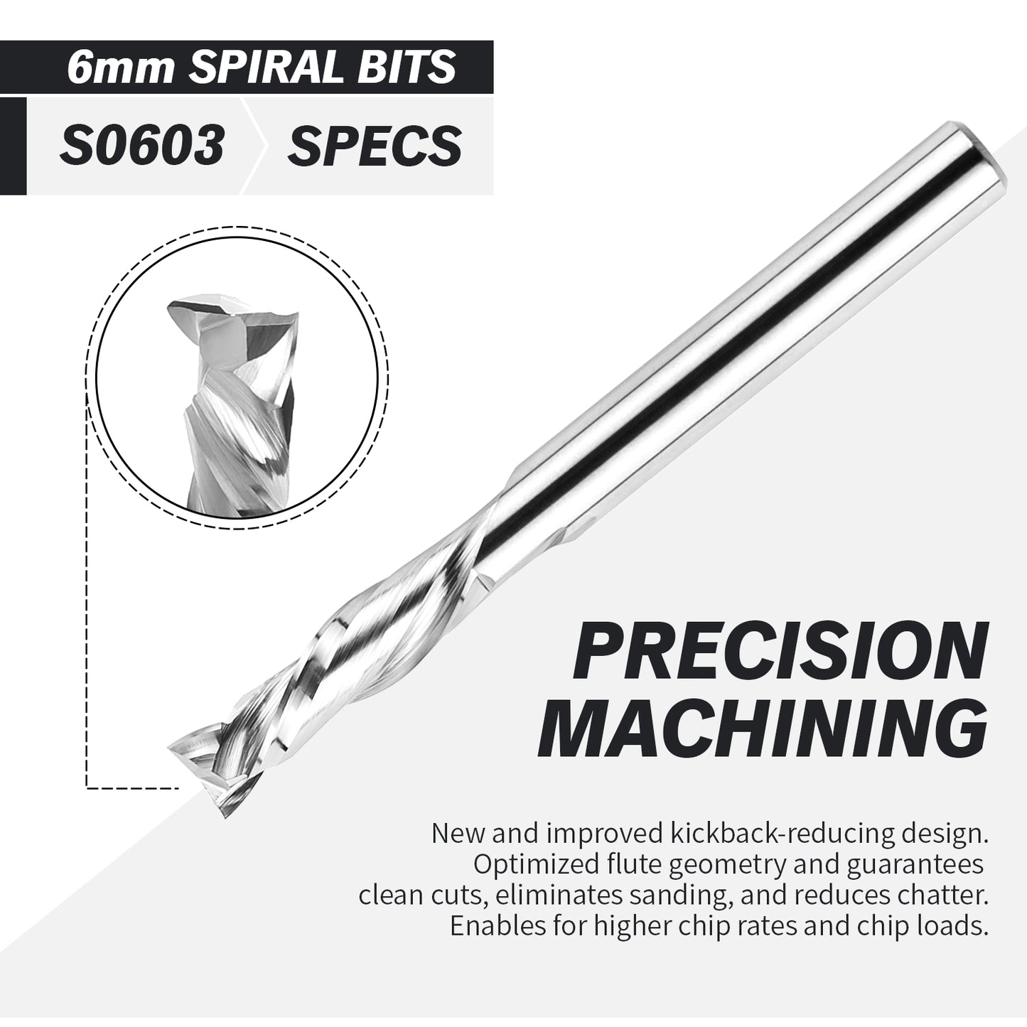 S0603 Solid Carbide Metric Compression Spiral Router Bit - 2 Flutes - 6mm SD - 6mm CD - 22mm CL - 64mm OL - 3/16 UCL