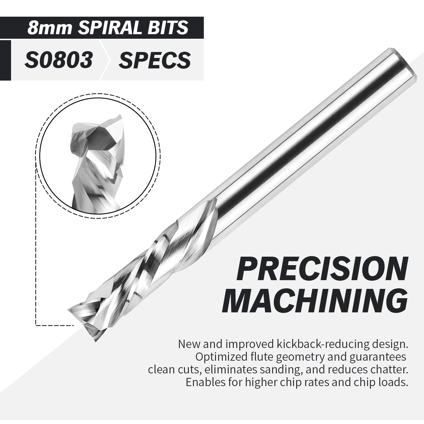 S0803 Solid Carbide Metric Compression Spiral Router Bit - 2 Flutes - 8mm SD - 8mm CD - 25mm CL - 76mm OL - 1/4 UCL