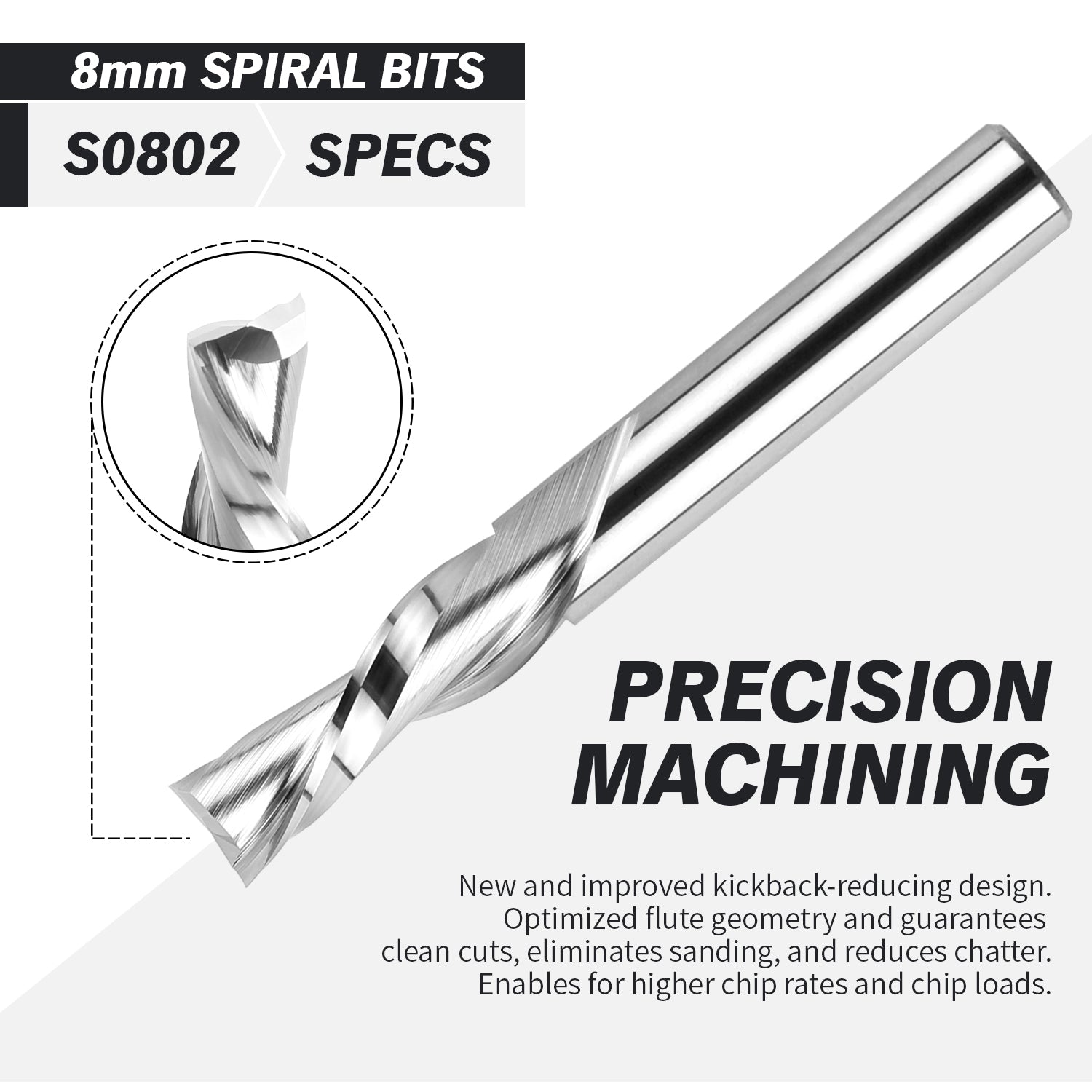 S0802 Solid Carbide Metric Downcut Spiral Router Bit - 2Flutes - 8 SD - 8 CD - 25 CL - 64 OL - Zahyox