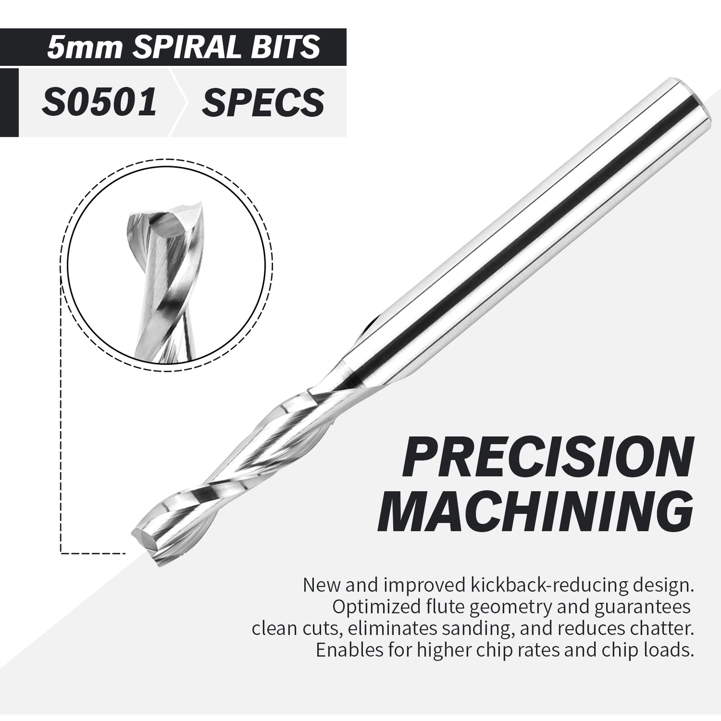 S0501 Solid Carbide Metric Upcut Spiral Router Bit - 2 Flutes - 6mm SD - 5mm CD - 20mm CL - 64mm OL