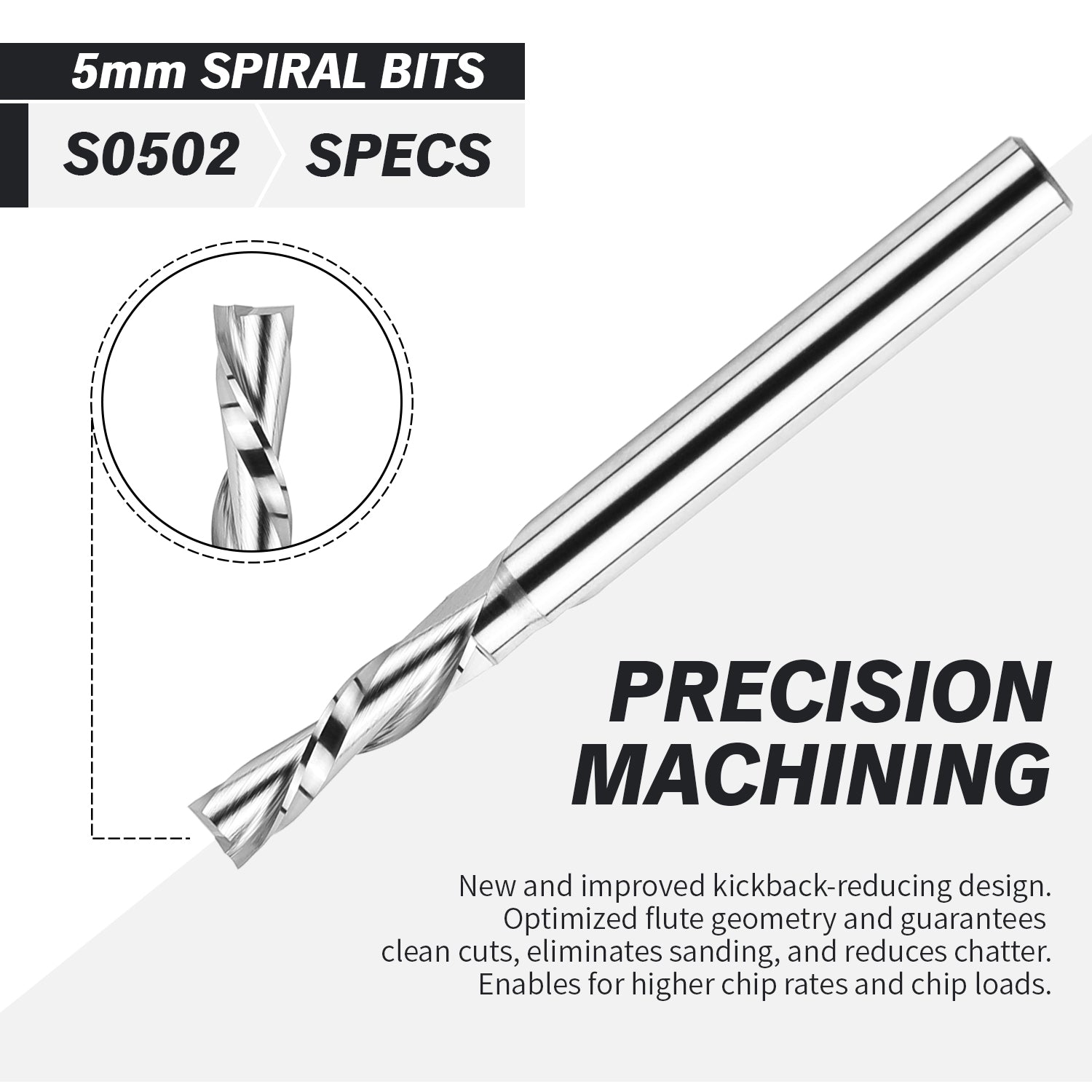 S0502 Solid Carbide Metric Downcut Spiral Router Bit - 2 Flutes  - 6mm SD - 5mm CD - 20mm CL - 64mm OL - Zahyox