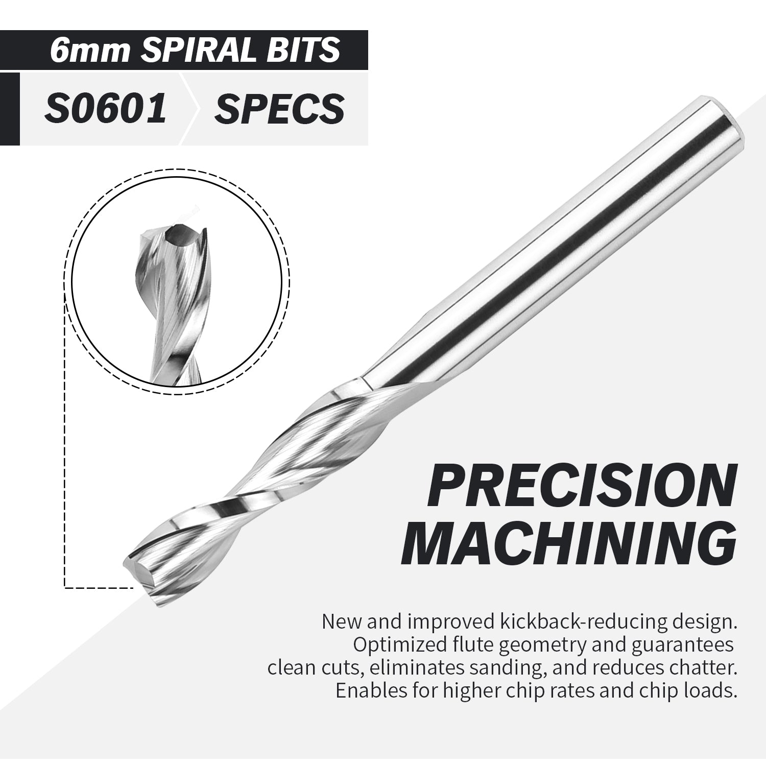 S0601 Solid Carbide Metric Upcut Spiral Router Bit - 2 Flutes - 6mm SD - 6mm CD - 25mm CL - 64mm OL - Zahyox