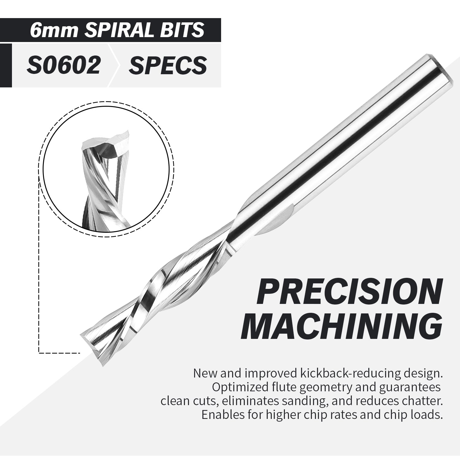 S0602 Solid Carbide Metric Downcut Spiral Router Bit - 2 Flutes - 6mm SD - 6mm CD - 25mm CL - 64mm OL - Zahyox