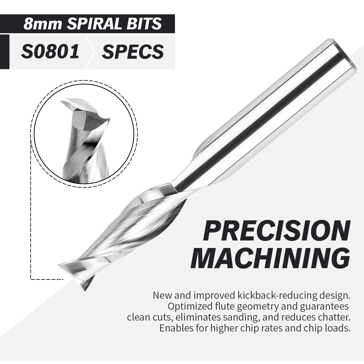 S0801 Solid Carbide Metric Upcut Spiral Router Bit - 2 Flutes - 8mm SD - 8mm CD - 25mm CL - 64mm OL - Zahyox