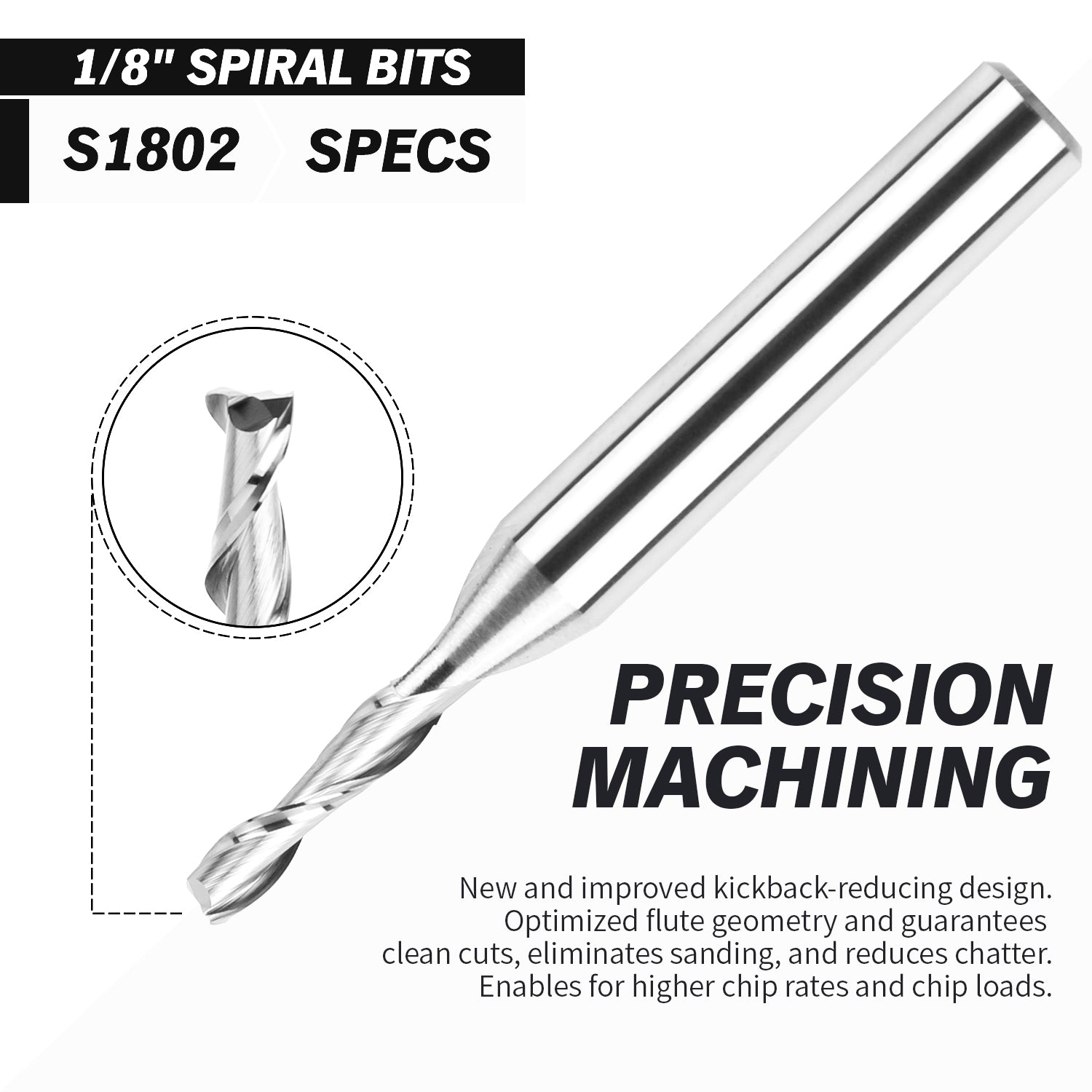 S1802 Solid Carbide Upcut Spiral Router Bit - 2Flutes - 1/4 SD - 1/8 CD - 1/2 CL - 2 OL - Zahyox