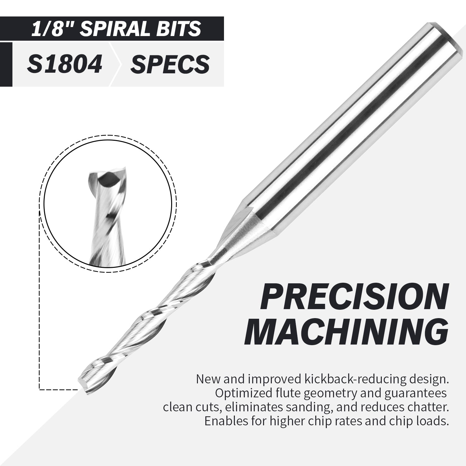 S1804 Solid Carbide Upcut Spiral Router Bit - 2Flutes - 1/4 SD - 1/8 CD - 7/8 CL - 2-1/2 OL - Zahyox