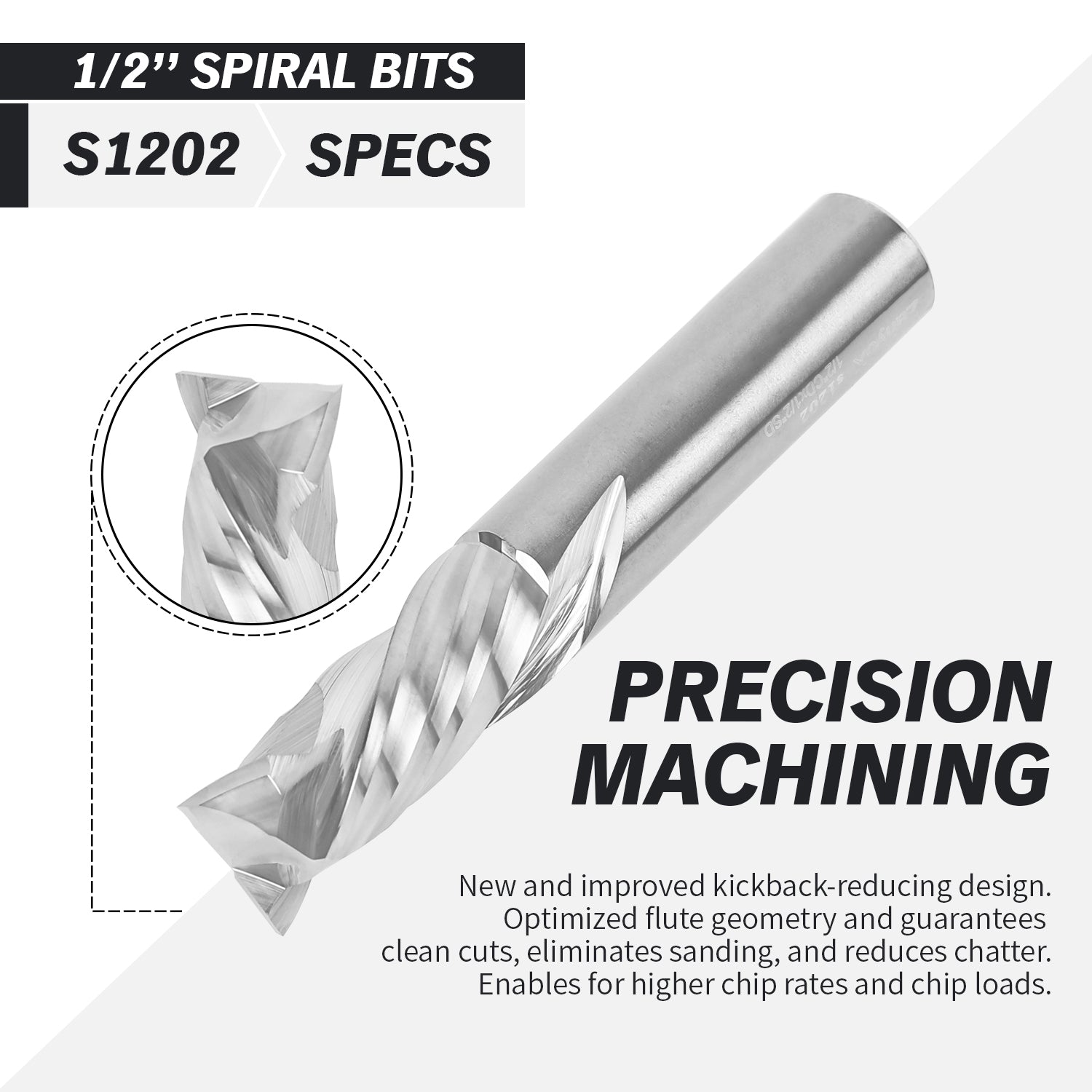 1/2" Shank Compression CNC Spiral Router Bit - 2 Flutes - 1/2" Cutting Dia - 1-1/4" LOC - 3" OAL - S1202 - Zahyox