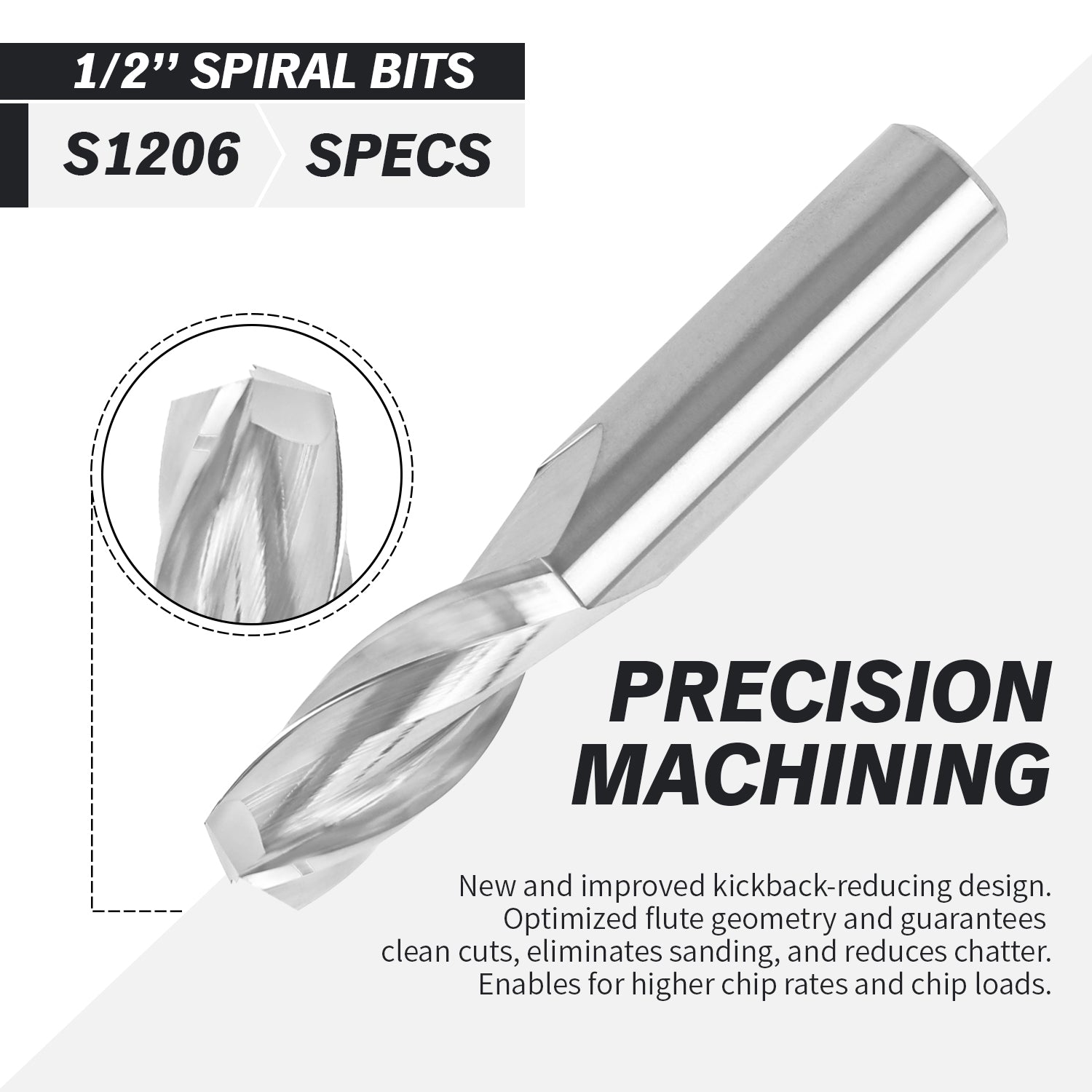 1/2" Shank Upcut Solid Carbide CNC Spiral Router Bit - 2 Flutes - 1/2" CD - 1-1/4" CL - 3" OL - S1206 - Zahyox