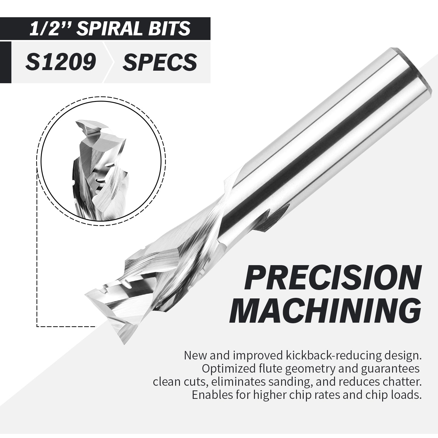 1/2" Shank Compression Solid Carbide CNC Spiral Router Bit - 2 Flutes - 1/2 CD - 1 CL - 3 OL - 1/2 UCL - S1209 - Zahyox